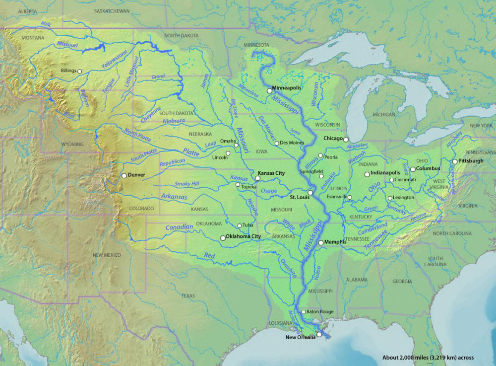 Detaillierte Karte der Nebenflüsse des Mississippi
