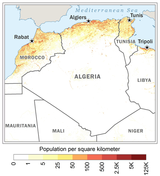 Karte der Bevölkerungsverteilung in Algerien