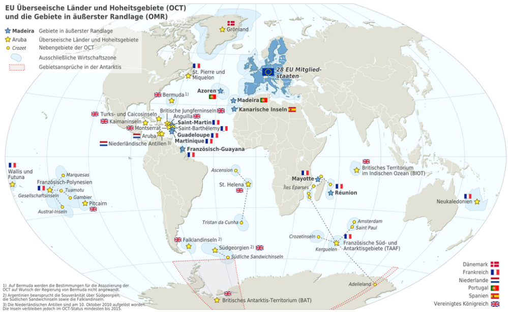 Karte der EU mit den überseeischen Ländern und Hoheitsgebieten und den Gebieten in äußerster Randlage