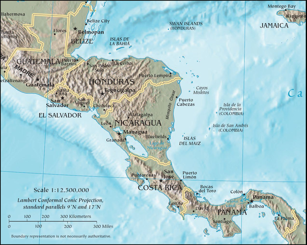 Grafik: Physische Karte Zentralamerika mit Staatsgrenzen