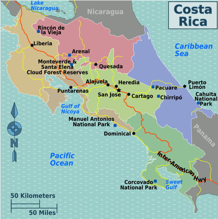 Regionalkarte Costa Rica mit farbig markierten Regionen