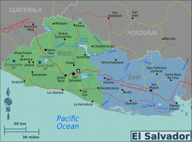 Regionalkarte El Salvador mit farbig markierten Regionen