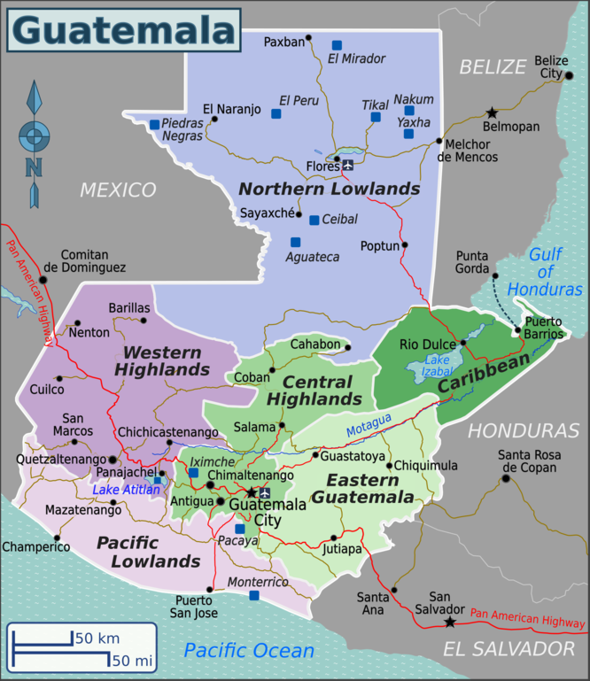 Regionalkarte Guatemala mit farbig markierten Regionen